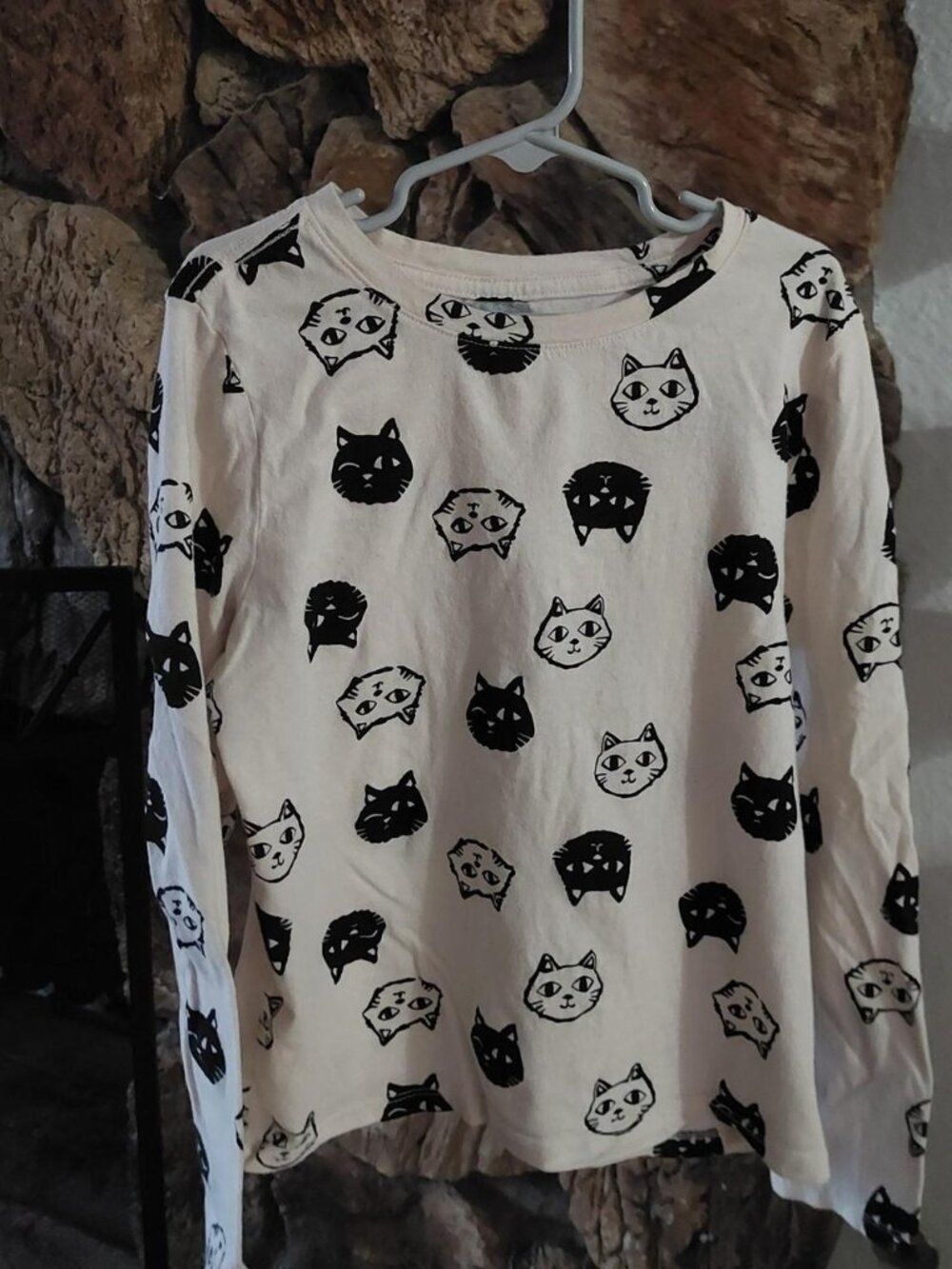 Old Navy Girls Long Sleeve Cat Shirt Size L 10-12 Cream Black All Over Print